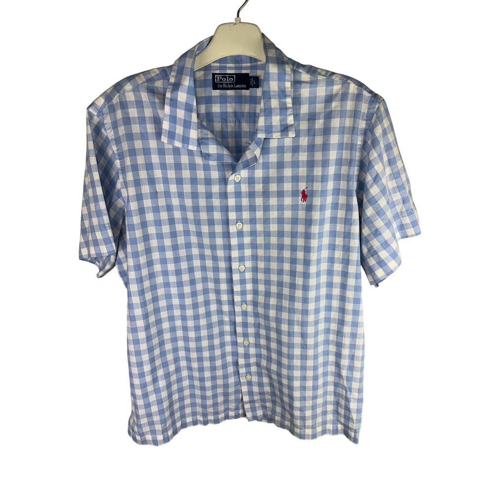 Polo Ralph Lauren Mens Blue Gingham Linen Cotton Short Sleeve Camp Shirt Large